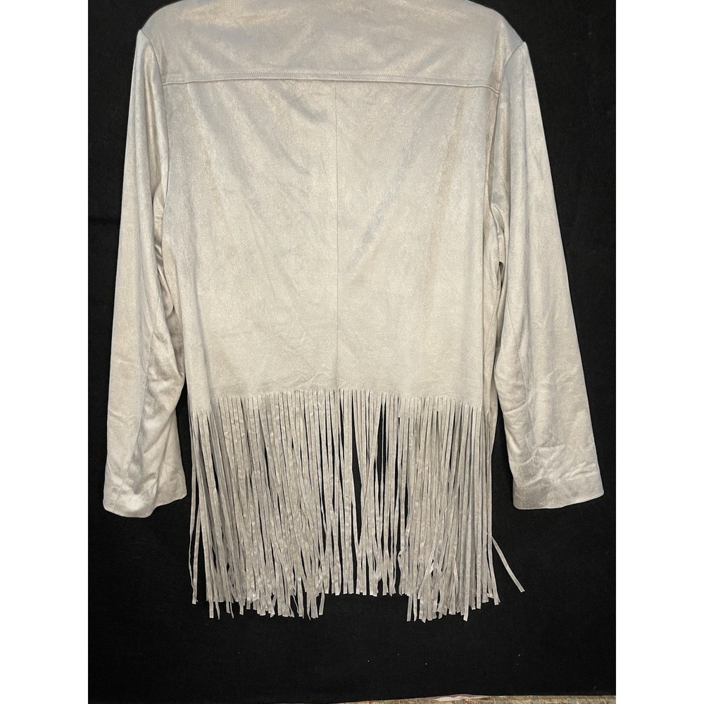Chicos 2 Faux Suede Fringed Jacket Gray Boho Hippie  Quiet Luxury Western Festiv - Picture 7 of 9